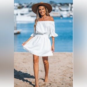Elegant Off-Shoulder White Ruffled Trim Mini Dress